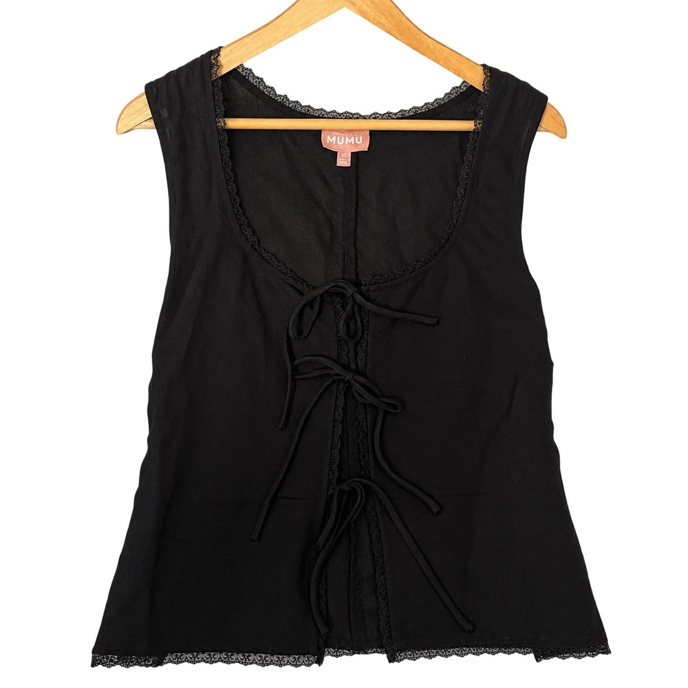 Show Me Your Mumu Mimi Top Women XL Black NWOT Linen Lace Tie Front Vest